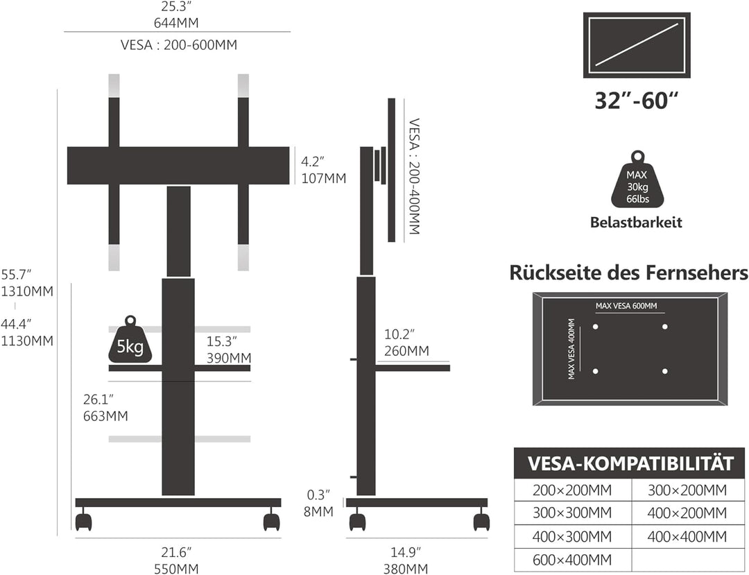 FITUEYES TV Ständer Rollbar TV Rollwagen 2 Ablagen Standfuss Fernsehstand mit Regal höhenverstellbar