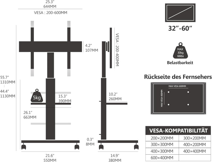 FITUEYES TV Ständer Rollbar TV Rollwagen 2 Ablagen Standfuss Fernsehstand mit Regal höhenverstellbar