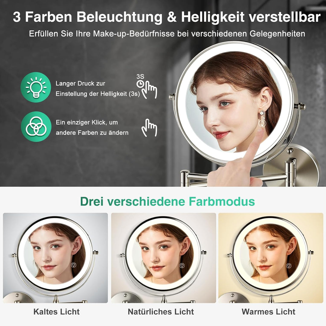 Aufladbarer Wandmontiertes Make-up Spiegel in gepoliertem Nickel, mit Beleuchtung, zweiseitig 1X/10X