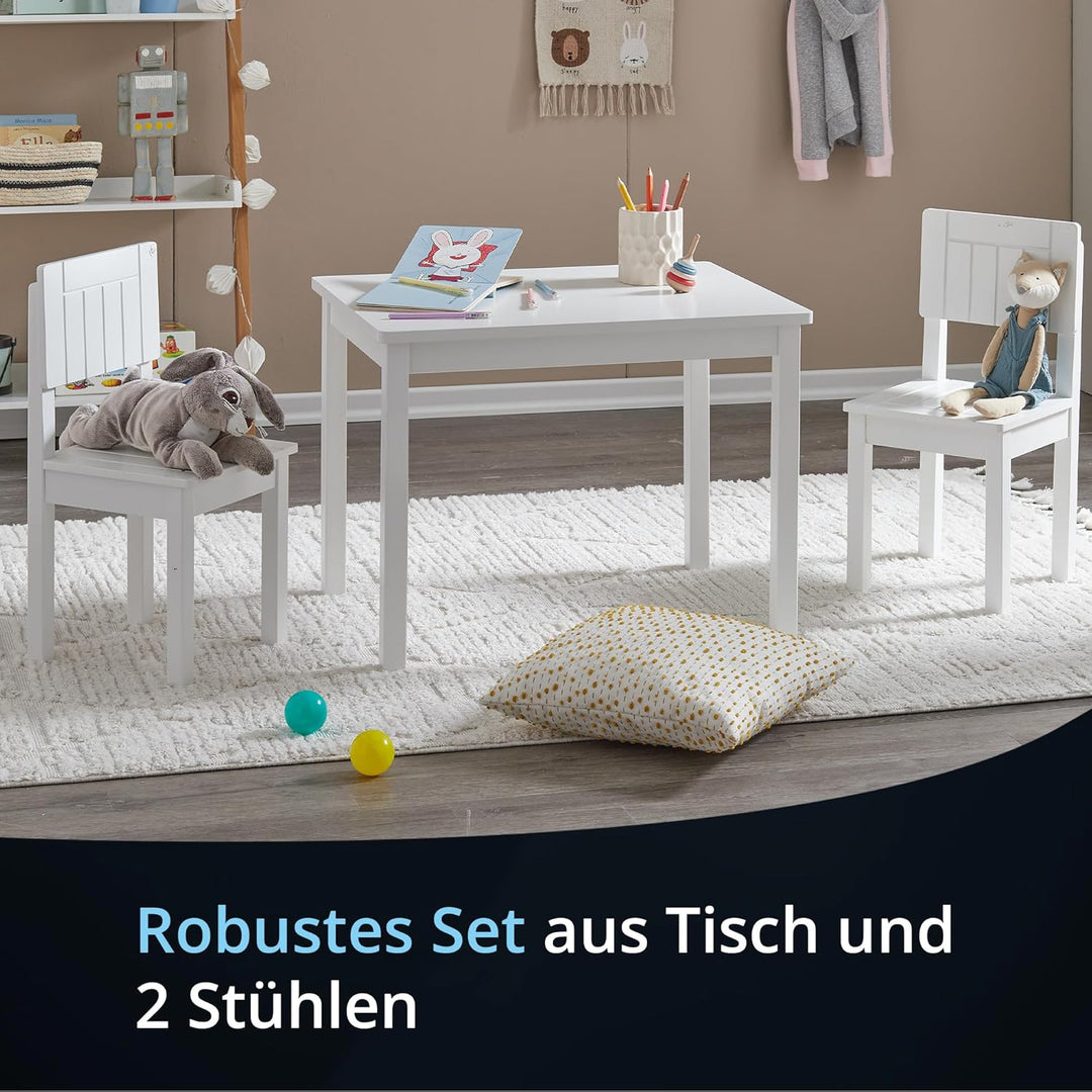 KHG Kinder-Möbelset Tisch mit 2 Stühlen weiss Landhaus für Kinderzimmer, Pflegeleichte Oberfläche, r