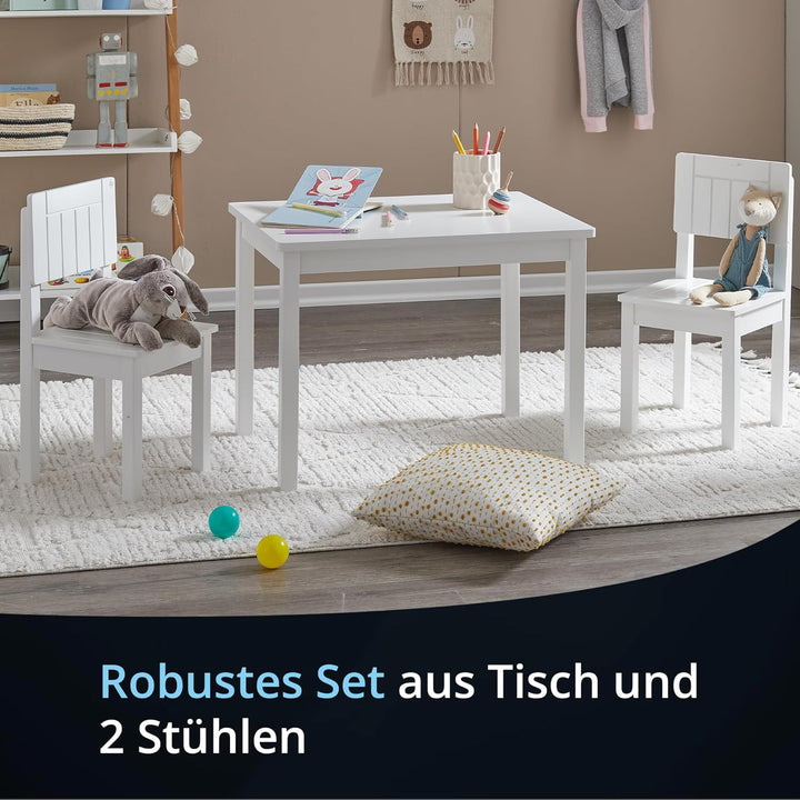 KHG Kinder-Möbelset Tisch mit 2 Stühlen weiss Landhaus für Kinderzimmer, Pflegeleichte Oberfläche, r