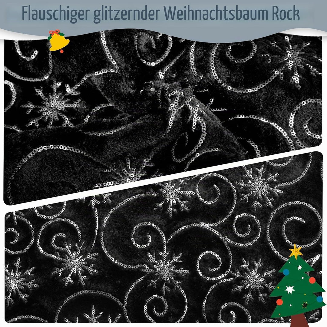 KONVINIT Weihnachtsbaumdecke Rund Schwarz Weihnachtsbaumteppich mit Schneeflocke Weihnachtsbaum Rock