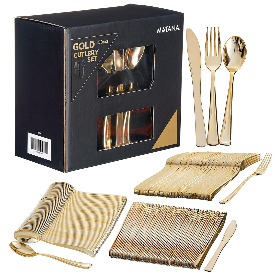 MATANA 720 Elegantes Wiederverwendbares Goldenes Besteck Set – 240 Messer, 240 Gabeln, 240 Löffel –