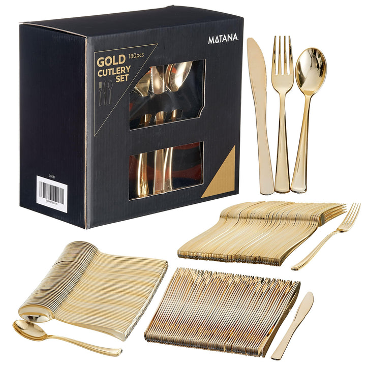 MATANA 720 Elegantes Wiederverwendbares Goldenes Besteck Set – 240 Messer, 240 Gabeln, 240 Löffel –