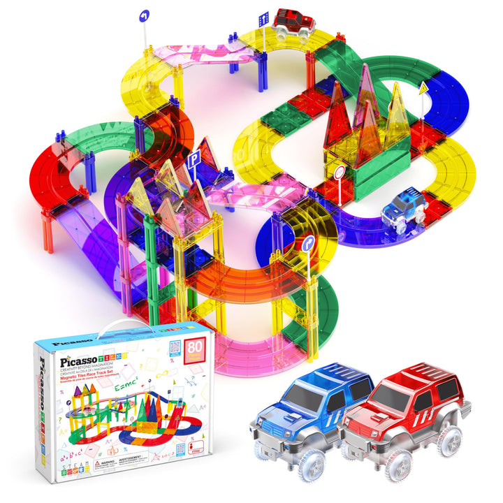 PicassoTiles 80 Stück Rennwagen Bahn Baustein Lernspielzeug Set Magnetische Fliesen Magnet DIY Spiel