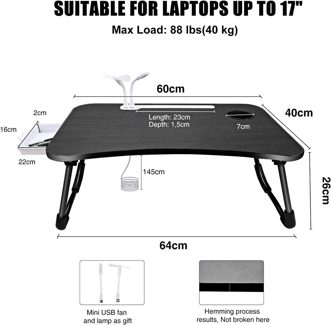 A3A ACADGQ Laptoptisch, Laptop Betttisch Klappbar, Notebook Tisch mit 4 USB Ladeanschluss, Schublade