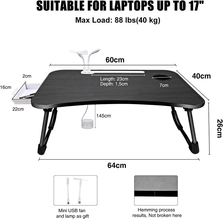 A3A ACADGQ Laptoptisch, Laptop Betttisch Klappbar, Notebook Tisch mit 4 USB Ladeanschluss, Schublade