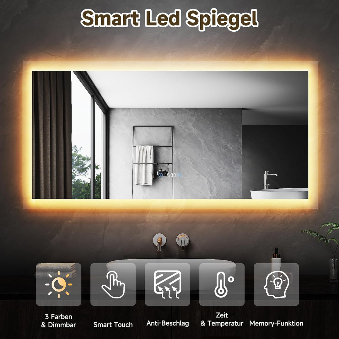 SONNI LED Badspiegel 120x60 cm, Touchschalter mit Uhr & Temperatur, 3 Lichtfarben für Make-up, Antib