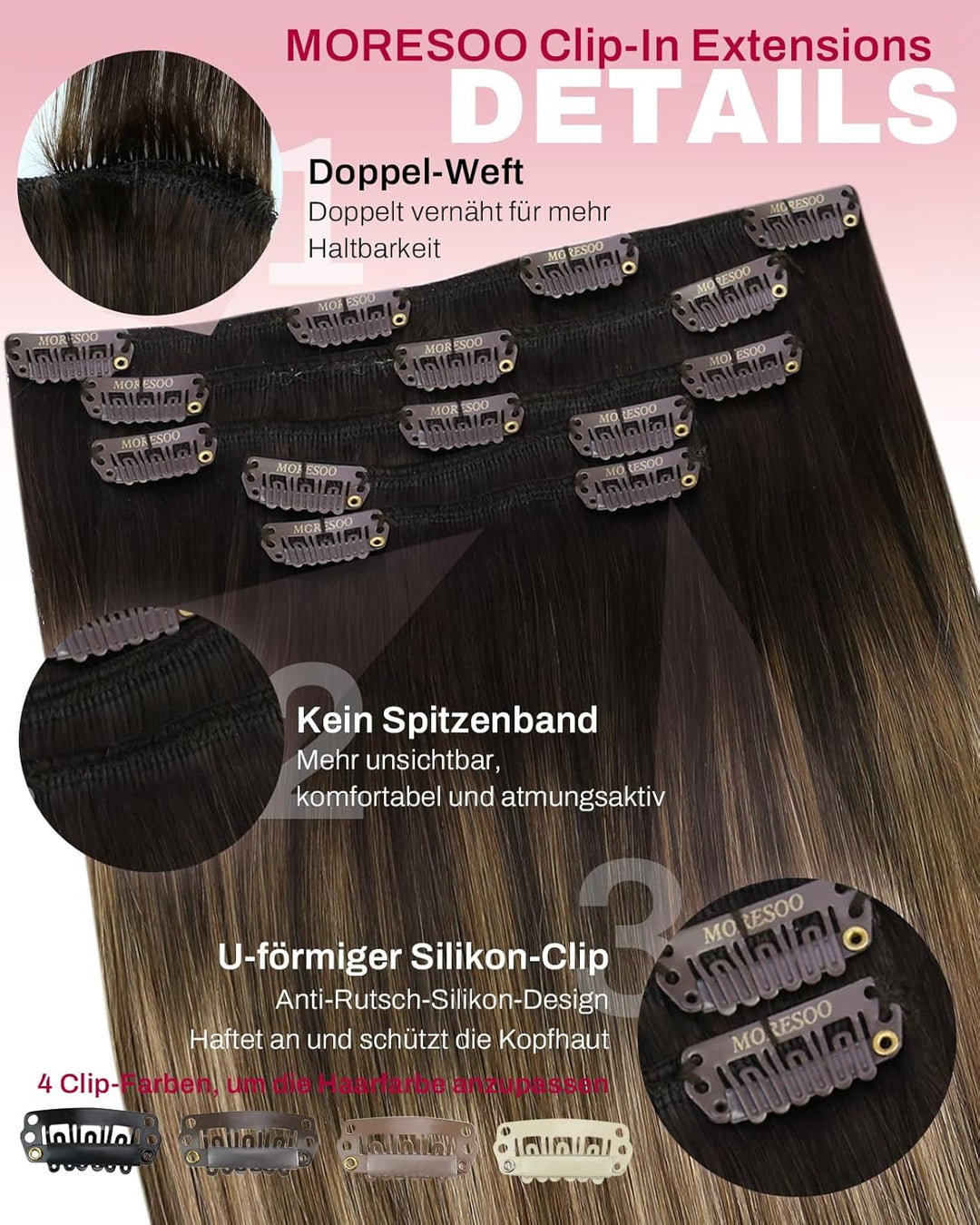 Moresoo Extensions Echthaar Clip Balayage Remy Clip in Extenson Echthaar Ombre Doppelt Tressen Haarv