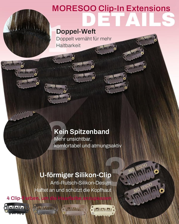 Moresoo Extensions Echthaar Clip Balayage Remy Clip in Extenson Echthaar Ombre Doppelt Tressen Haarv