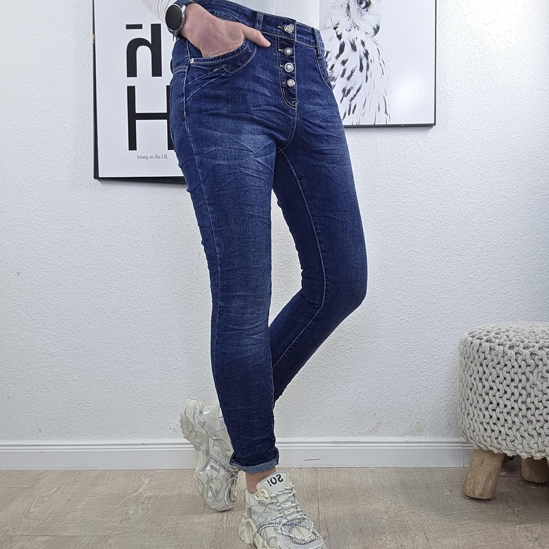 Jewelly Stretch Jeans| im Baggy Boyfriend Schnitt| Damen Hose mit dekorativer Knopfleiste| Perfekter