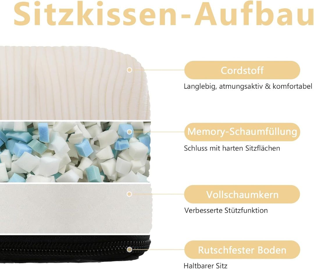 Sitzkissen, 2er Set Stuhlkissen aus Cordstoff, Memory Foam mit Doppel-Layer Design, Befestigungsriem