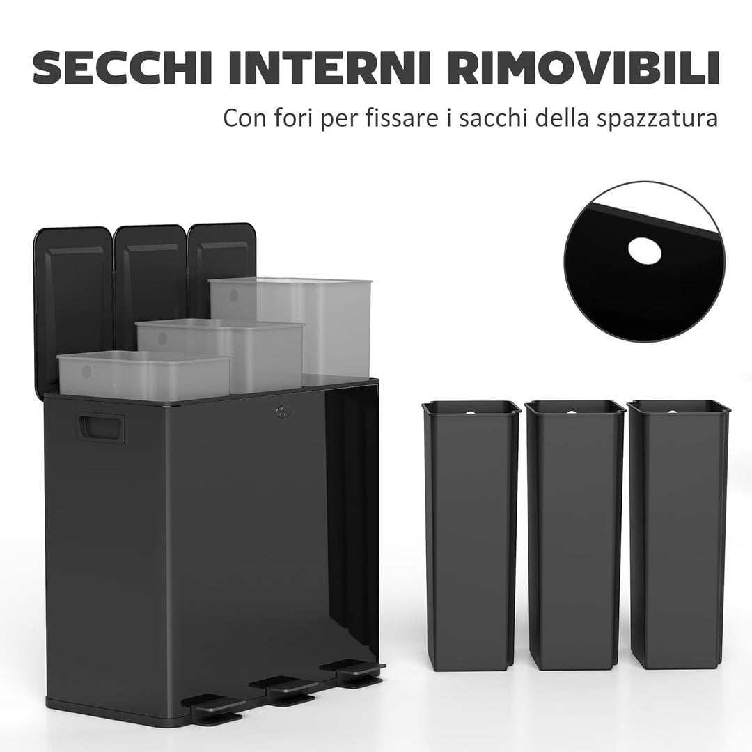HOMCOM Mülleimer Küche 3 x 20 L Treteimer mit Softclose-Deckel und Pedal Mülltrennsystem 3 Fächer in