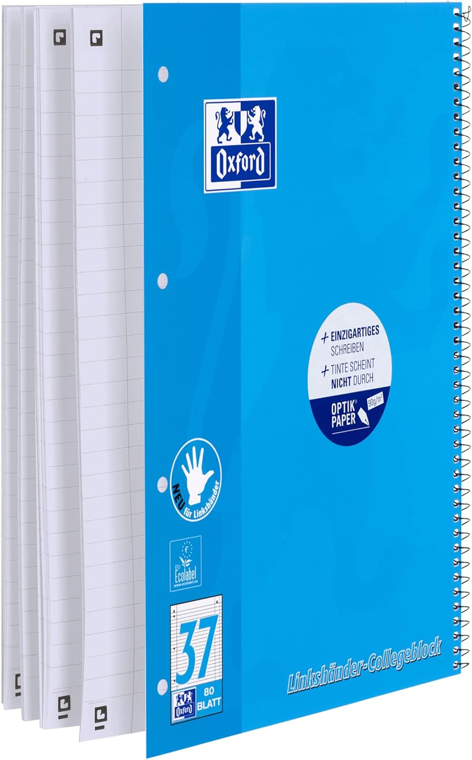 Oxford Linkshänder-Collegeblock A4 liniert, 80 Blatt, blau, 10 Stück Organiserbook Lineatur 37 - lin