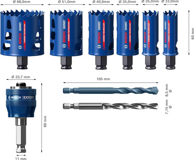 Bosch Accessories 9 tlg. Expert Tough Material Lochsäge Set (für Holz mit Metall, Ø 22-68 mm, Zubehö