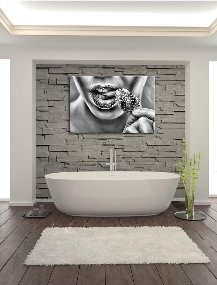 Pixxprint Erdbeere Zucker Lippen als Leinwandbild/Grösse: 100x70 cm/Wandbild/Kunstdruck/fertig bespa