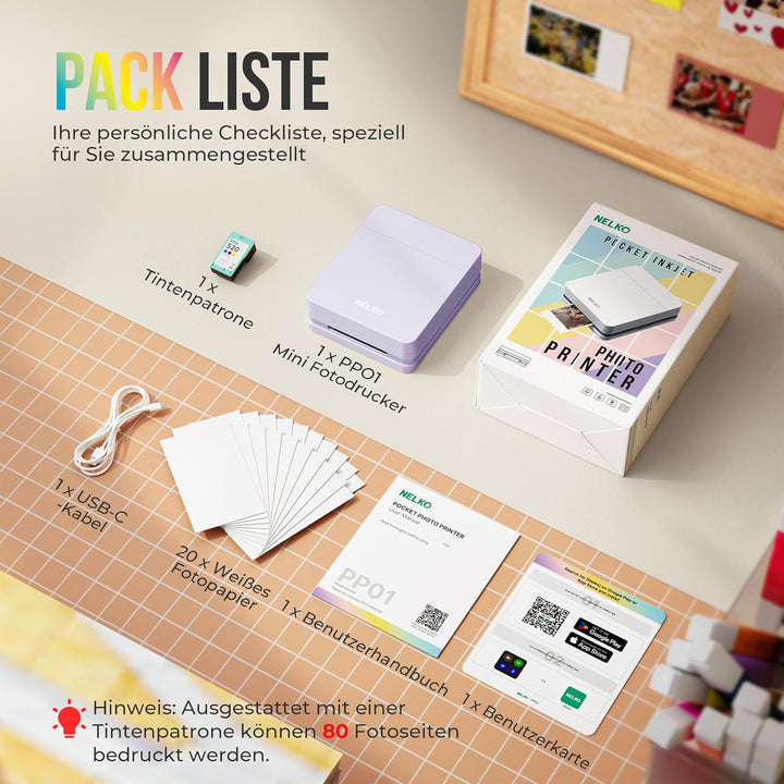 Nelko Fotodrucker PP01 Farbe Tragbarer Mini Fotodrucker für Smartphone mit 20 Fotopapier, Tintenstra