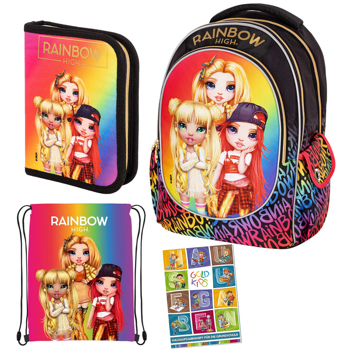 Goldkids Set 4er Schulranzen Ranzen Federmappe Turnbeutel Aufgabenheft Rainbow High Motiv geeignet a