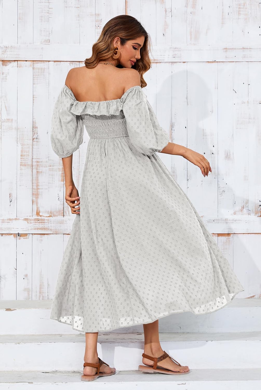 R.Vivimos Damen Polka Dot Slim Fit halbe Hülsenkleider Quadratischer Kragen Langes Midikleid M Grau,