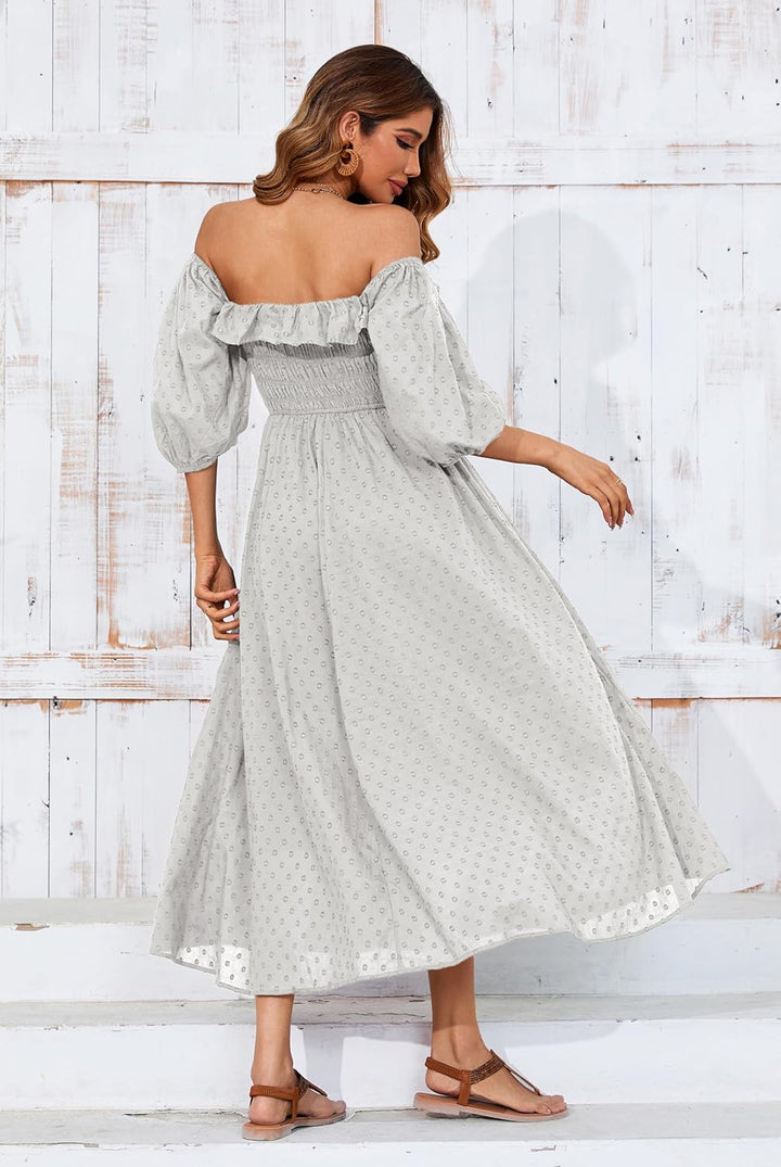 R.Vivimos Damen Polka Dot Slim Fit halbe Hülsenkleider Quadratischer Kragen Langes Midikleid M Grau,