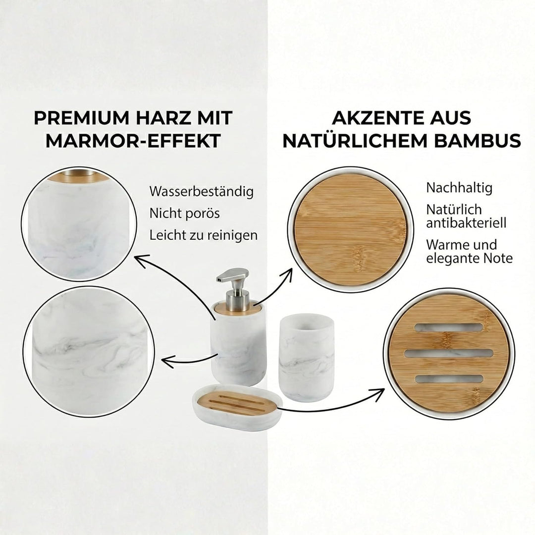 Badezimmer Set 4-teilig mit Tablett - Seifenspender (Pumpe aus Zinklegierung), Zahnputzbecher, Seife
