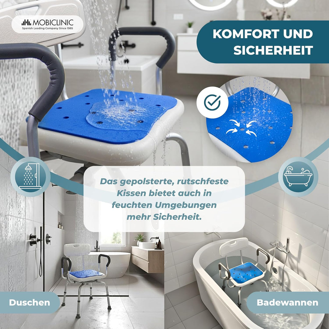 Mobiclinic®, 360° Drehbarer Duschstuhl, Armlehnen und Rückenlehne, Höhenverstellbar, Sitzfläche mit