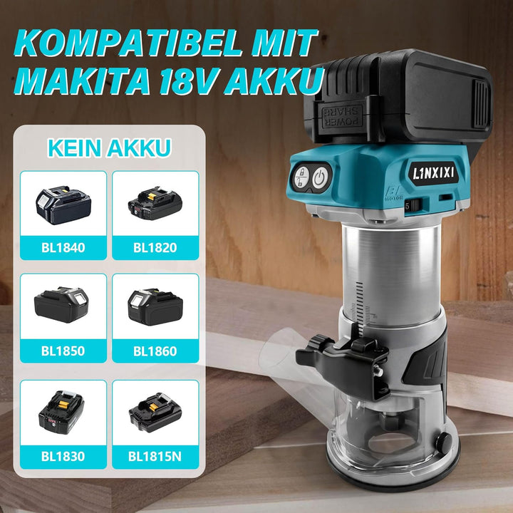 Akku Oberfräse für Makita 18V LXT Akku, 800W Bürstenloser Oberfräse mit 5 Geschwindigkeiten, MAX.300