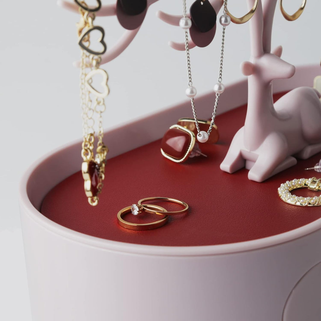 MORE&LESS Rotes Kunstleder Roter Kristall Griff Hirsch Ornament Display Rack Ring Ohrringe Halskette