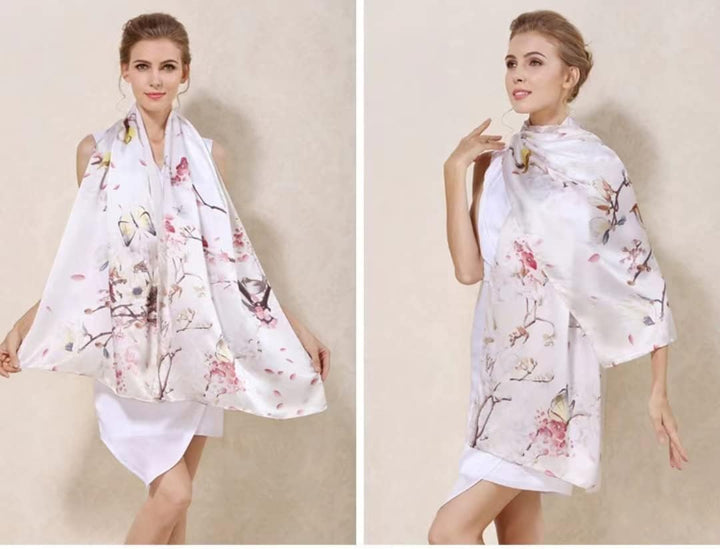 ANDANTINO Damen Lang Schals 42 Beige-blumen und Vögel, 42 Beige-blumen und Vögel