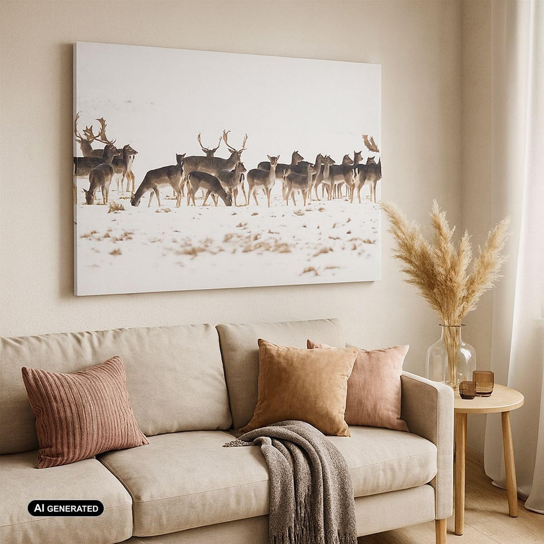 Bilder auf Leinwand 100x70cm Leinwandbild Hirsch Winter Tierwelt Landschaft Gross Wanddeko Bild Schl