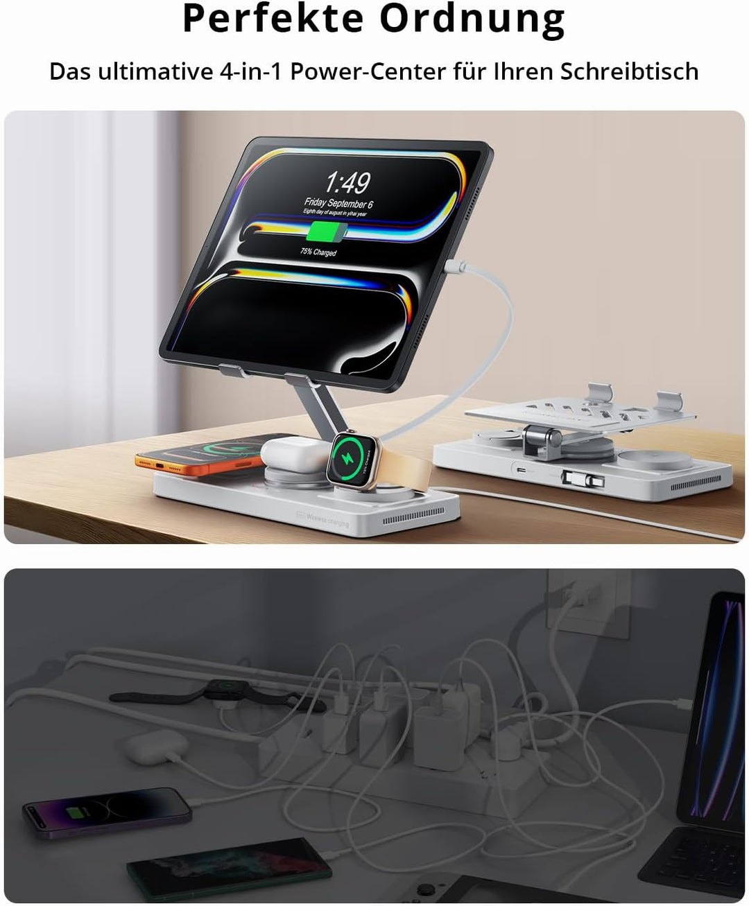 GEEKERA 4-in-1 Ladestation für Apple, Eingebautes einziehbares Ladekabel für iPad, Magnetisch Indukt