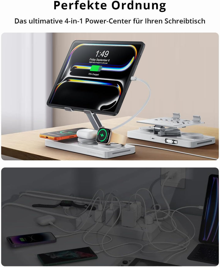 GEEKERA 4-in-1 Ladestation für Apple, Eingebautes einziehbares Ladekabel für iPad, Magnetisch Indukt