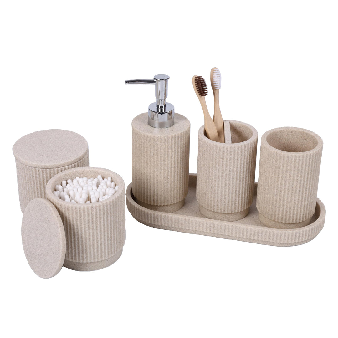 Badezimmer Set 6-teilig – Seifenspender + Zahnputzbecher mit Tablett & Wattestäbchenbox – Streifen-D