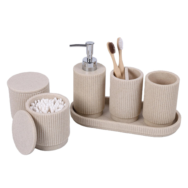 Badezimmer Set 6-teilig – Seifenspender + Zahnputzbecher mit Tablett & Wattestäbchenbox – Streifen-D