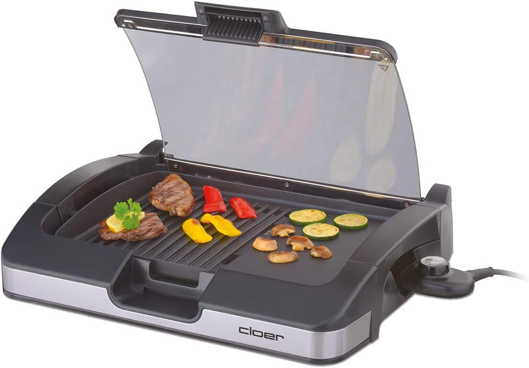 Cloer 6720 Barbecue-Grill mit Aluminium-Druckgussplatte, Antihaftbeschichtet, Glasdeckel, 2200 Watt,