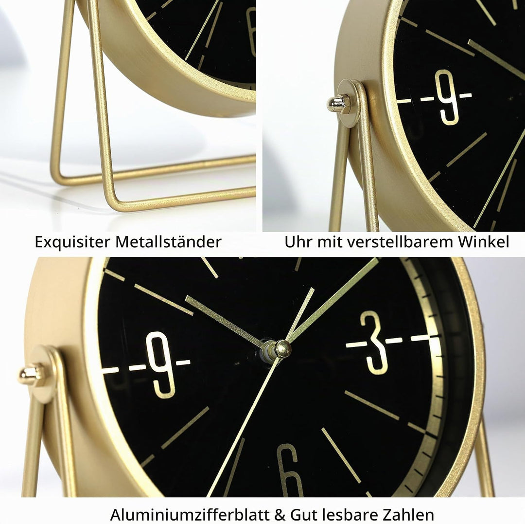 Vintage Metall-Tischuhr – Leise Kaminuhr ohne Ticken mit verstellbarem Winkel, Analoge Standuhr im R