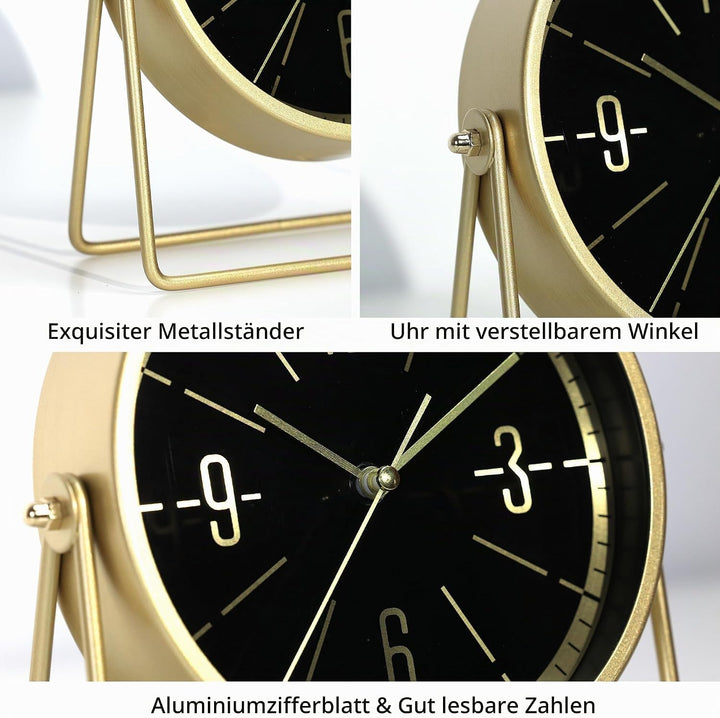 Vintage Metall-Tischuhr – Leise Kaminuhr ohne Ticken mit verstellbarem Winkel, Analoge Standuhr im R