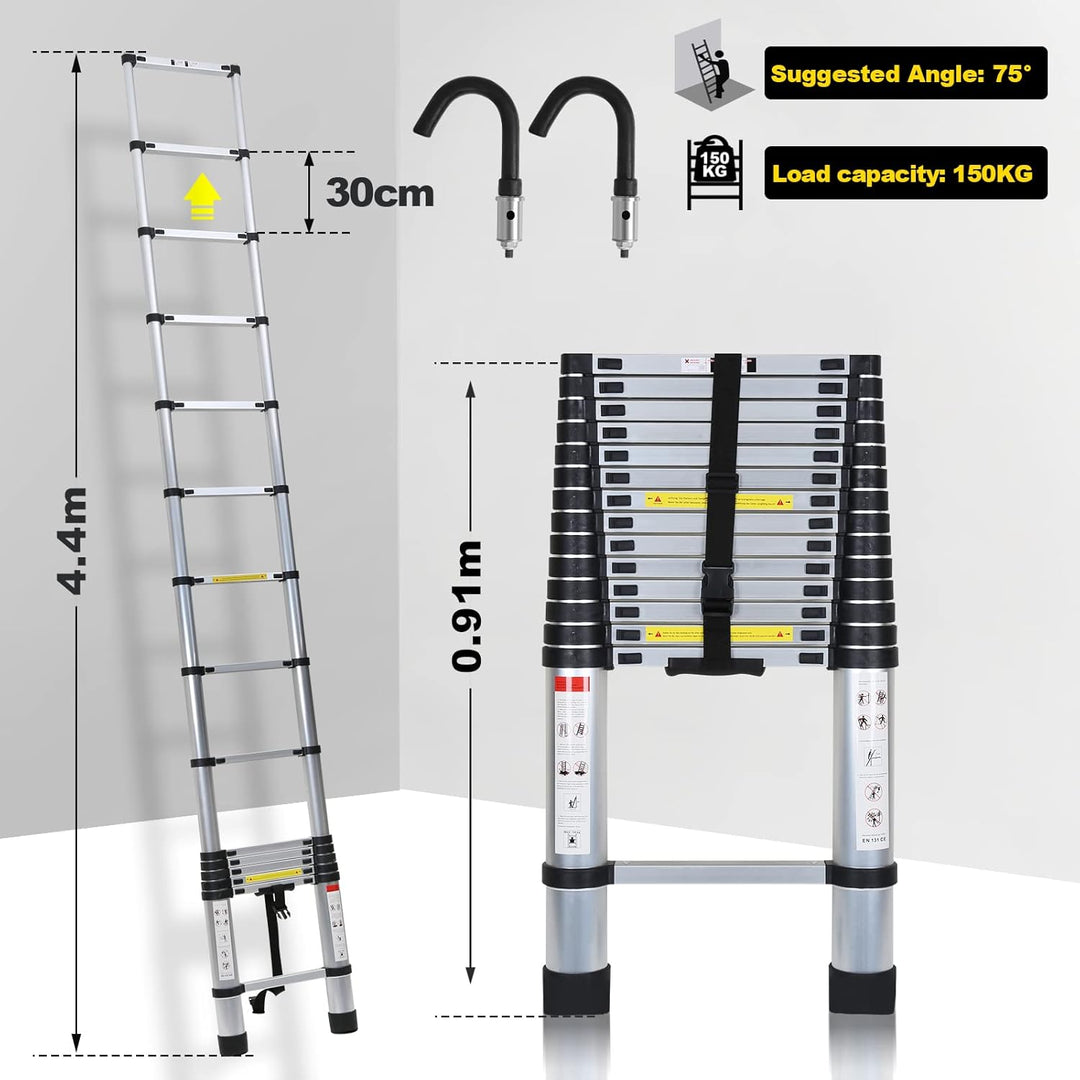 Ansobea Teleskopleiter 4.4m Multifunktion Teleskop-Design Alu-teleskopleiter Fingerschutz Ausziehlei