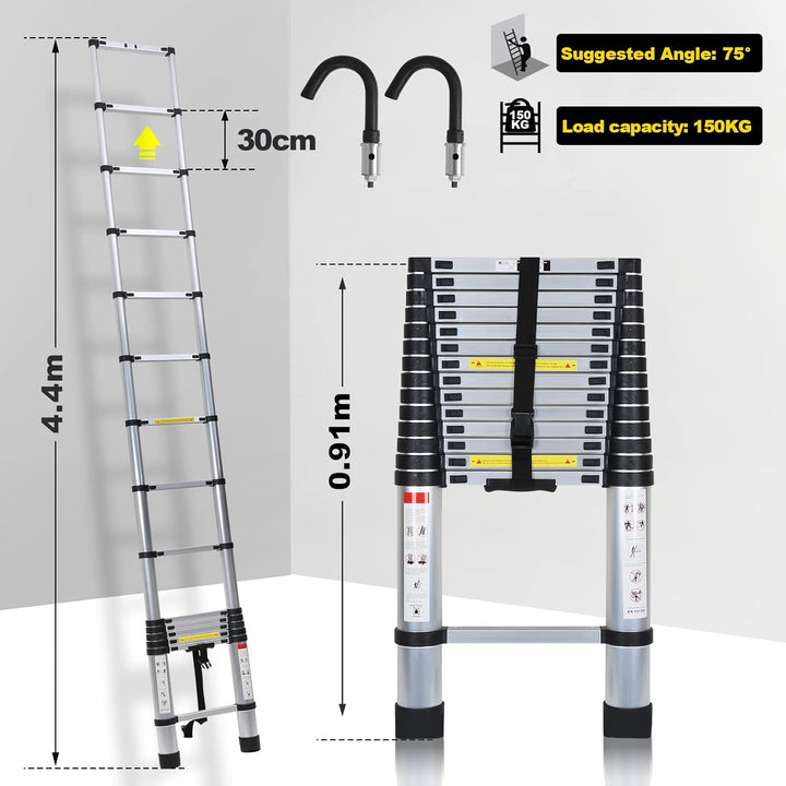 Ansobea Teleskopleiter 4.4m Multifunktion Teleskop-Design Alu-teleskopleiter Fingerschutz Ausziehlei