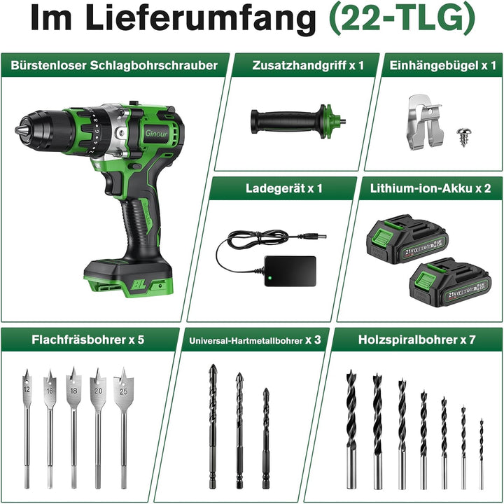 Ginour 21V Bürstenlos Akku Schlagbohrschrauber Set, 90 Nm, 2x2Ah 10C Akku, kompatibel mit Makita 18V