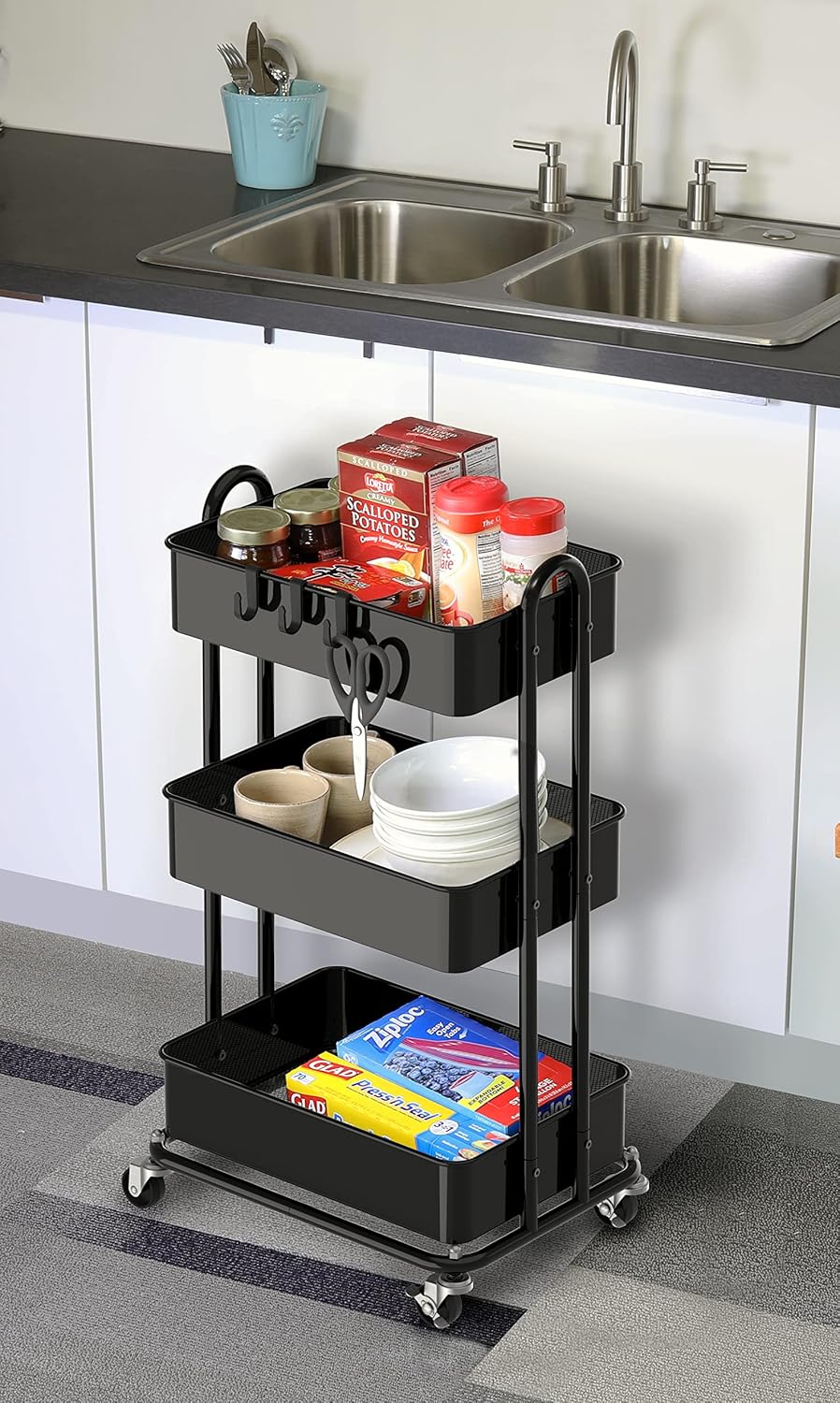 Simple Houseware Hochleistungs-Rollwagen mit 3 Ebenen aus Metall, Schwarz, Schwarz