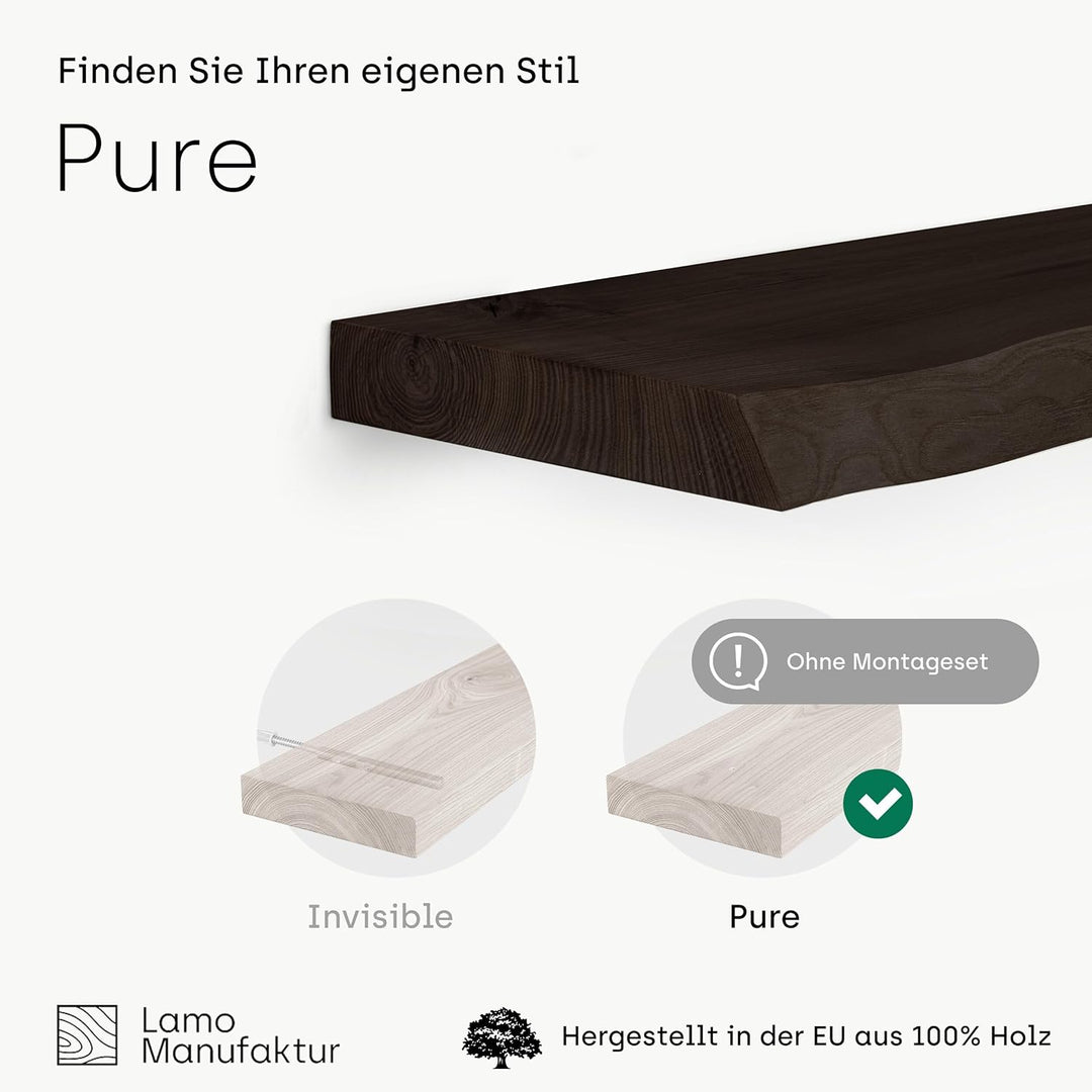 LAMO Manufaktur Wandregal Holz Baumkante | Regal Farbe: Schwarz | Pure: ohne Montage Set | 80 cm Pur