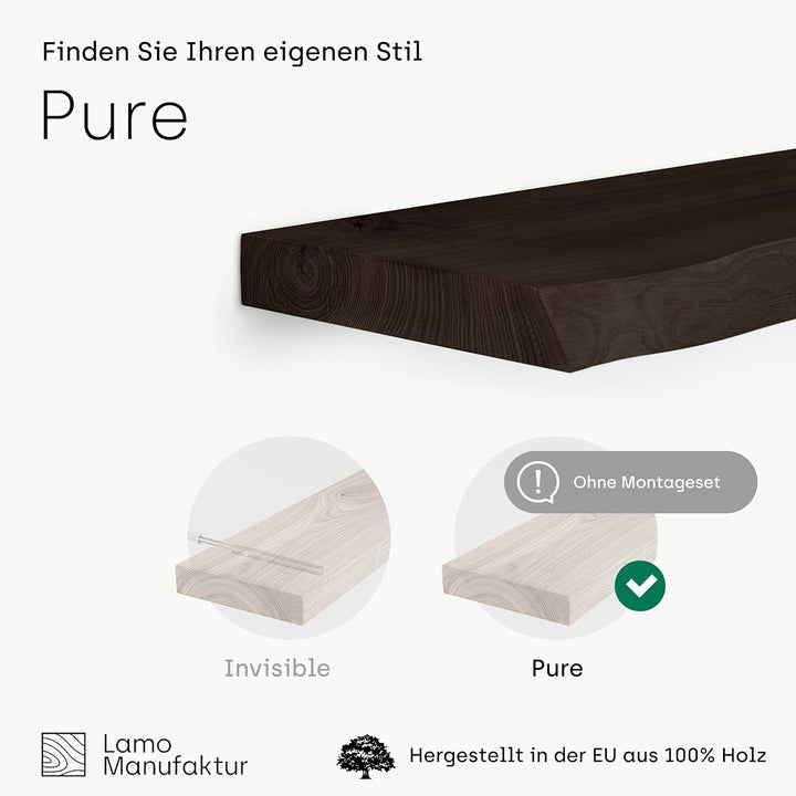 LAMO Manufaktur Wandregal Holz Baumkante | Regal Farbe: Schwarz | Pure: ohne Montage Set | 80 cm Pur
