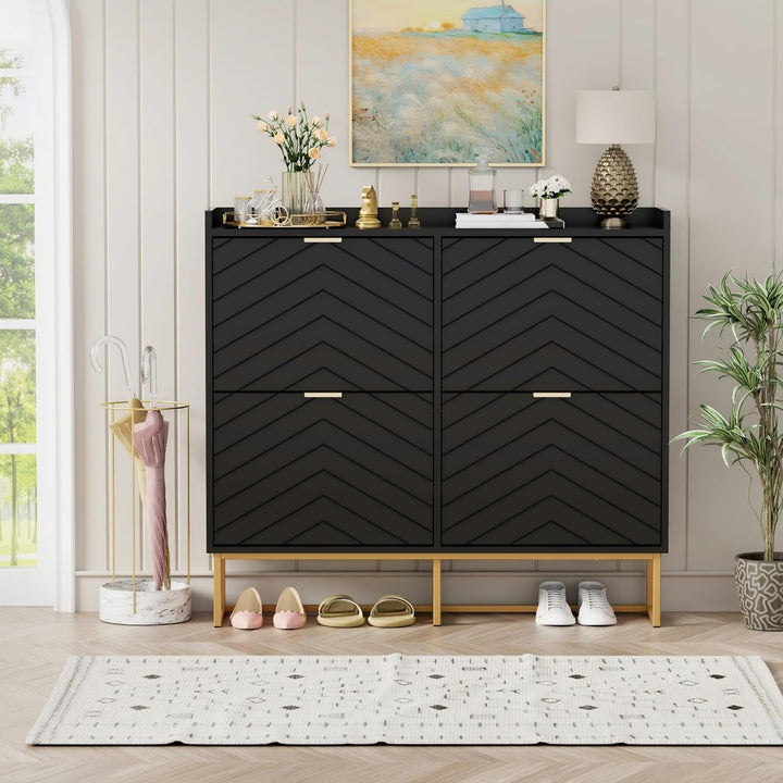 UEV Schuhschrank mit 4 Klappen Schmal,Freistehendes Schuhregal mit Kippschutz, Schuhkommode mit vers