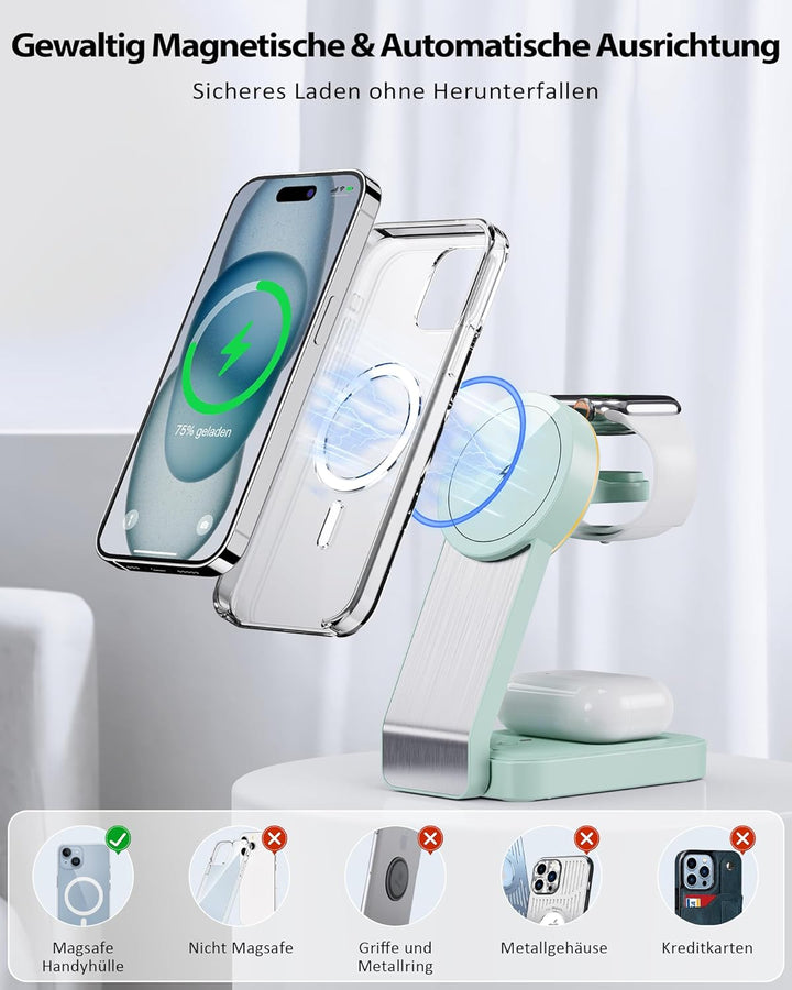 3 in 1 Faltbar Mag-Safe Ladegerät，Induktive Kabelloses Ladestation für 17/16/15/14/13/12/Pro Max/Min