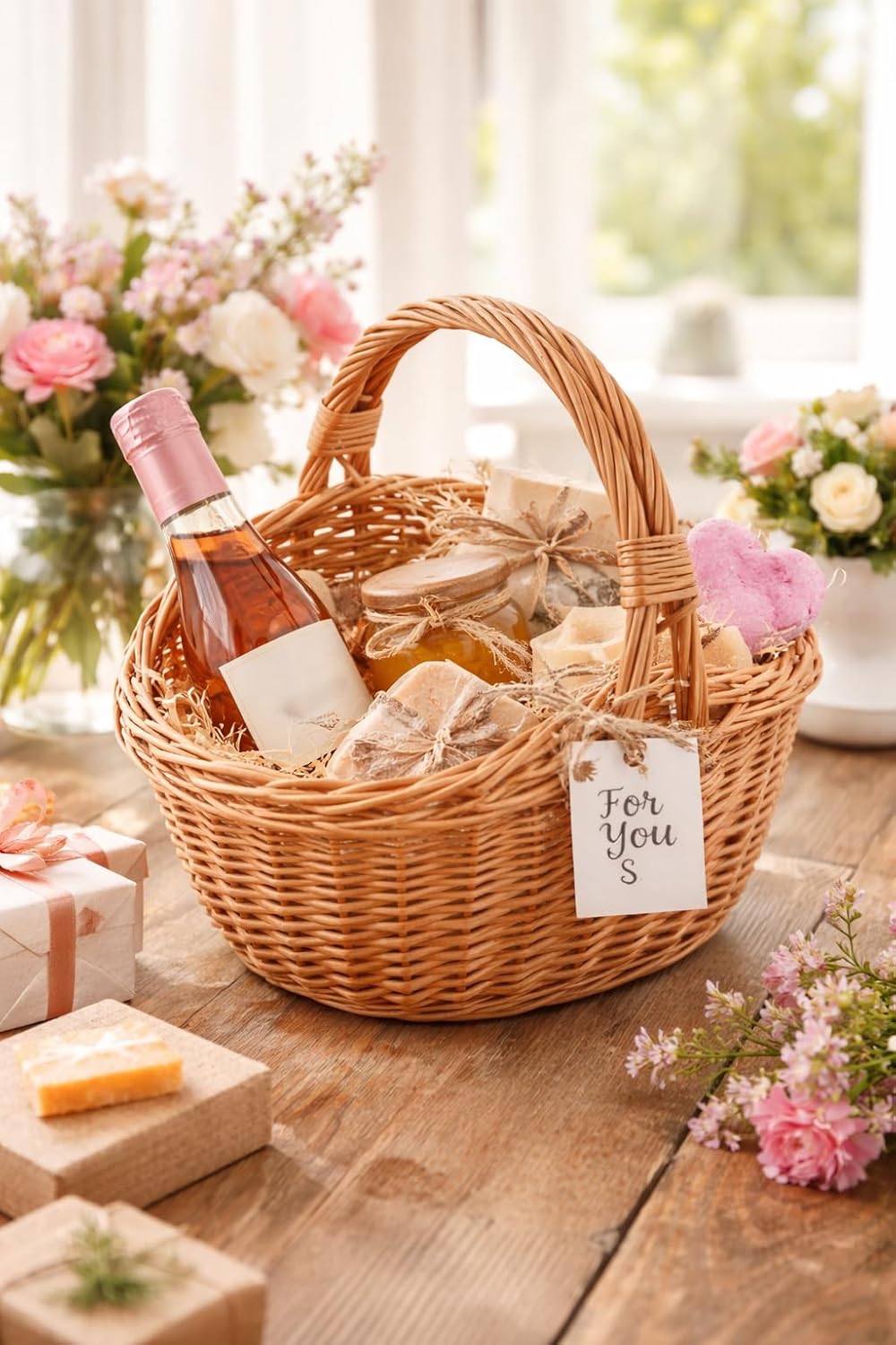 Geschenkkorb L mit Henkel, Weidenkorb Geflochten Natur, Präsentkorb für Geschenke und Ostern, 41 x 3
