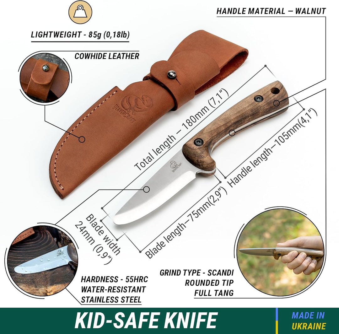 BeaverCraft Pfadfindermesser für Kinder – Schnitzmesser für Kinder – Sicheres Kindermesser mit abger