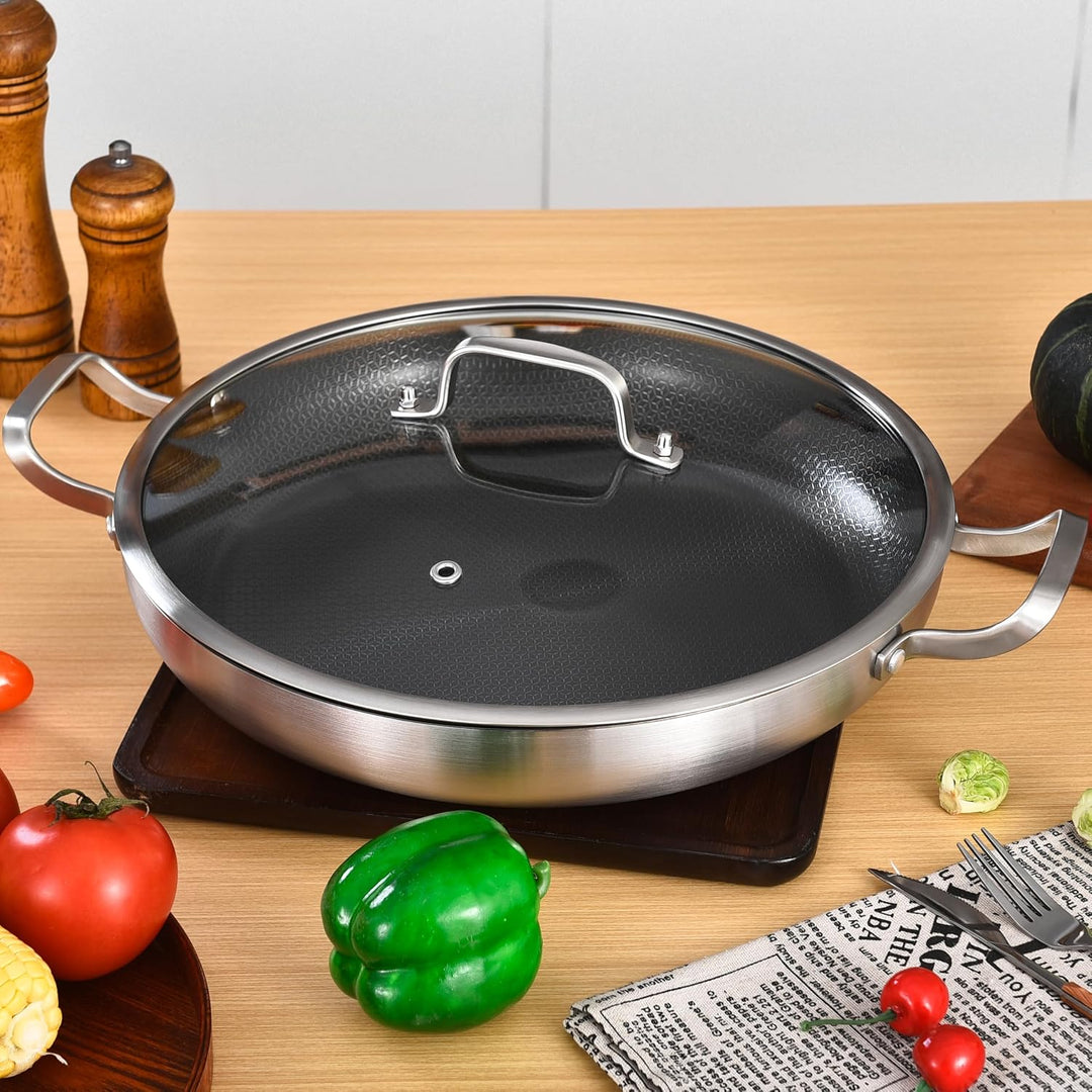 Inqibee dreischichtige Edelstahl-Paellapfanne 36 cm mit Deckel – Antihaft | Pfanne mit Wabenstruktur