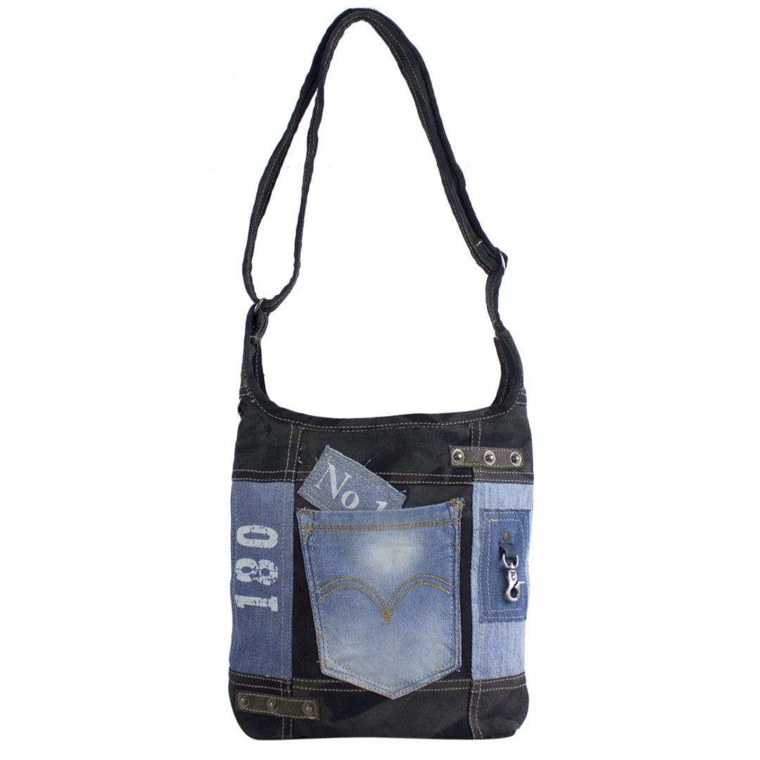 Sunsa Damen Umhängetasche aus Recycelte Jeans Canvas & Leder. Hobo Tasche schwarz/blau