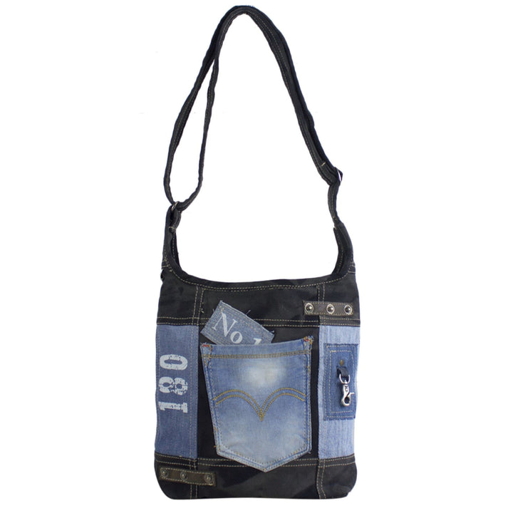 Sunsa Damen Umhängetasche aus Recycelte Jeans Canvas & Leder. Hobo Tasche schwarz/blau